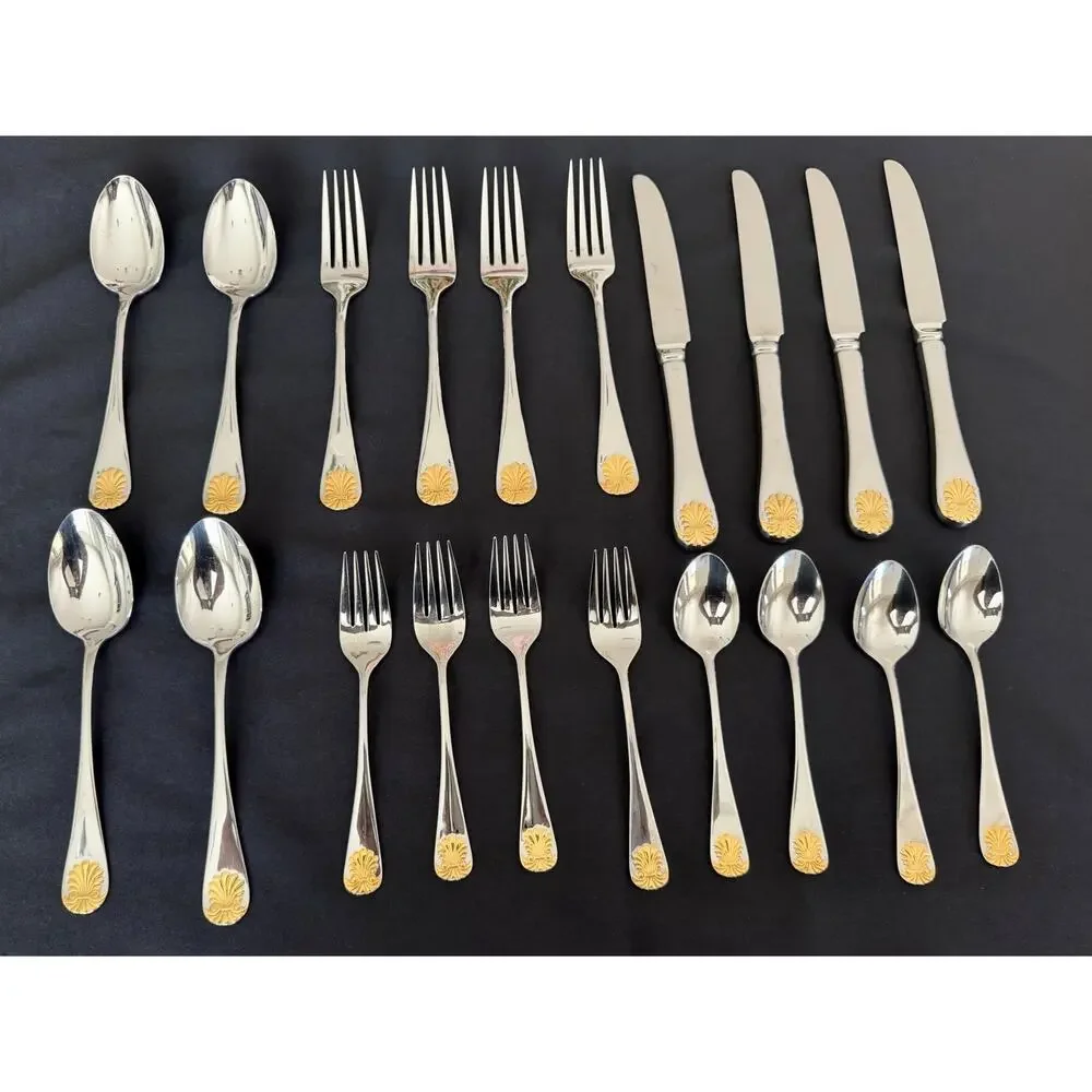 Vintage 20 Pc Supreme Towle Shell Silver 18/8 Stainless Flatware Gold Accent Lot